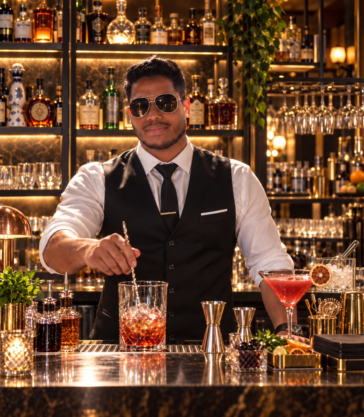 Ashlon Rodrigues, founder of Logical Bartender, behind the bar